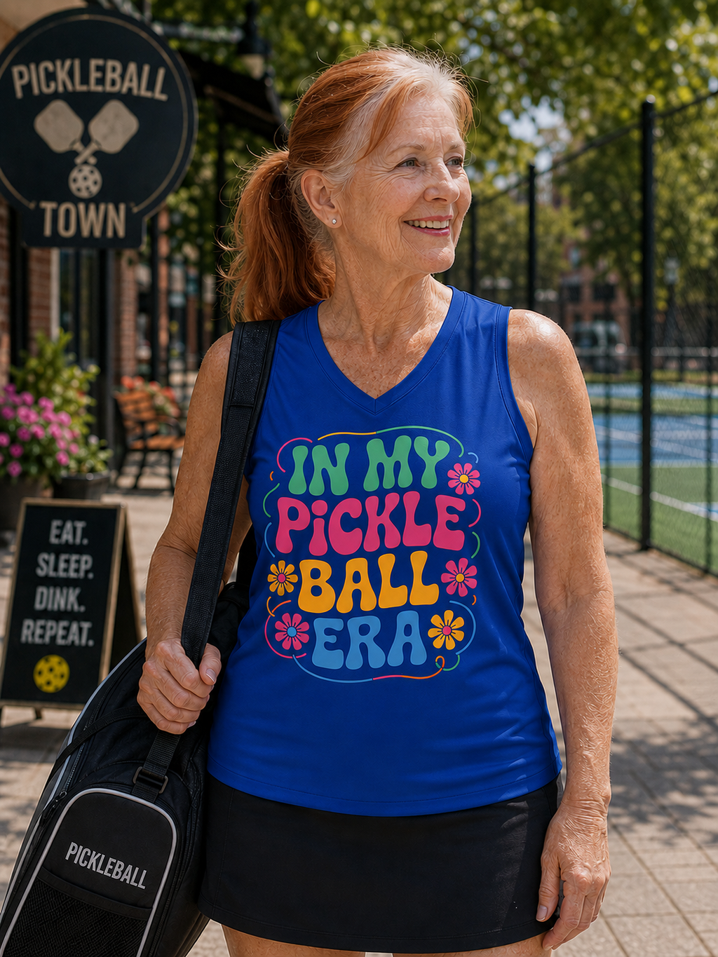 Woman wearing blue In My Pickleball Era sleeveless shirt outside a pickleball facility, carrying a pickleball bag and smiling