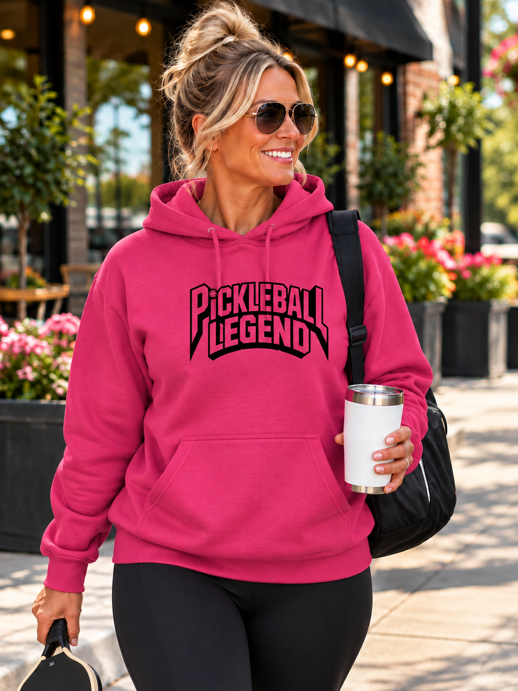 Woman wearing a pink hoodie with black “Pickleball Legend” lettering, holding a pickleball paddle and tumbler outside a café.