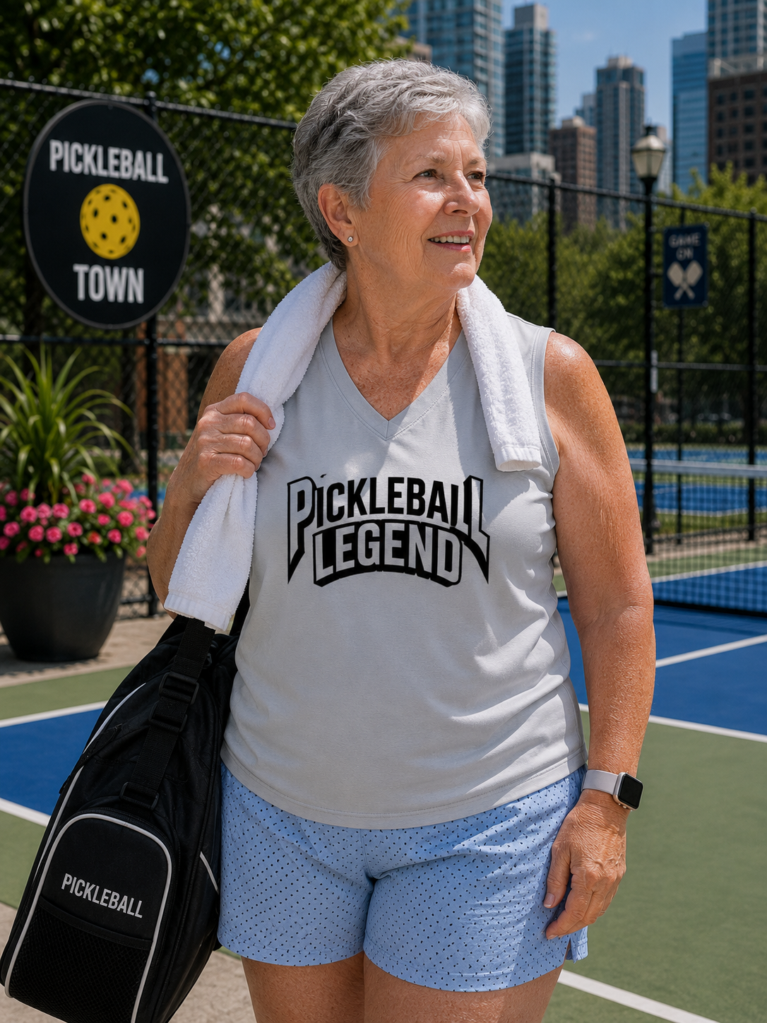 Woman wearing white Pickleball Legend sleeveless shirt at an outdoor pickleball court, carrying a pickleball bag and towel
