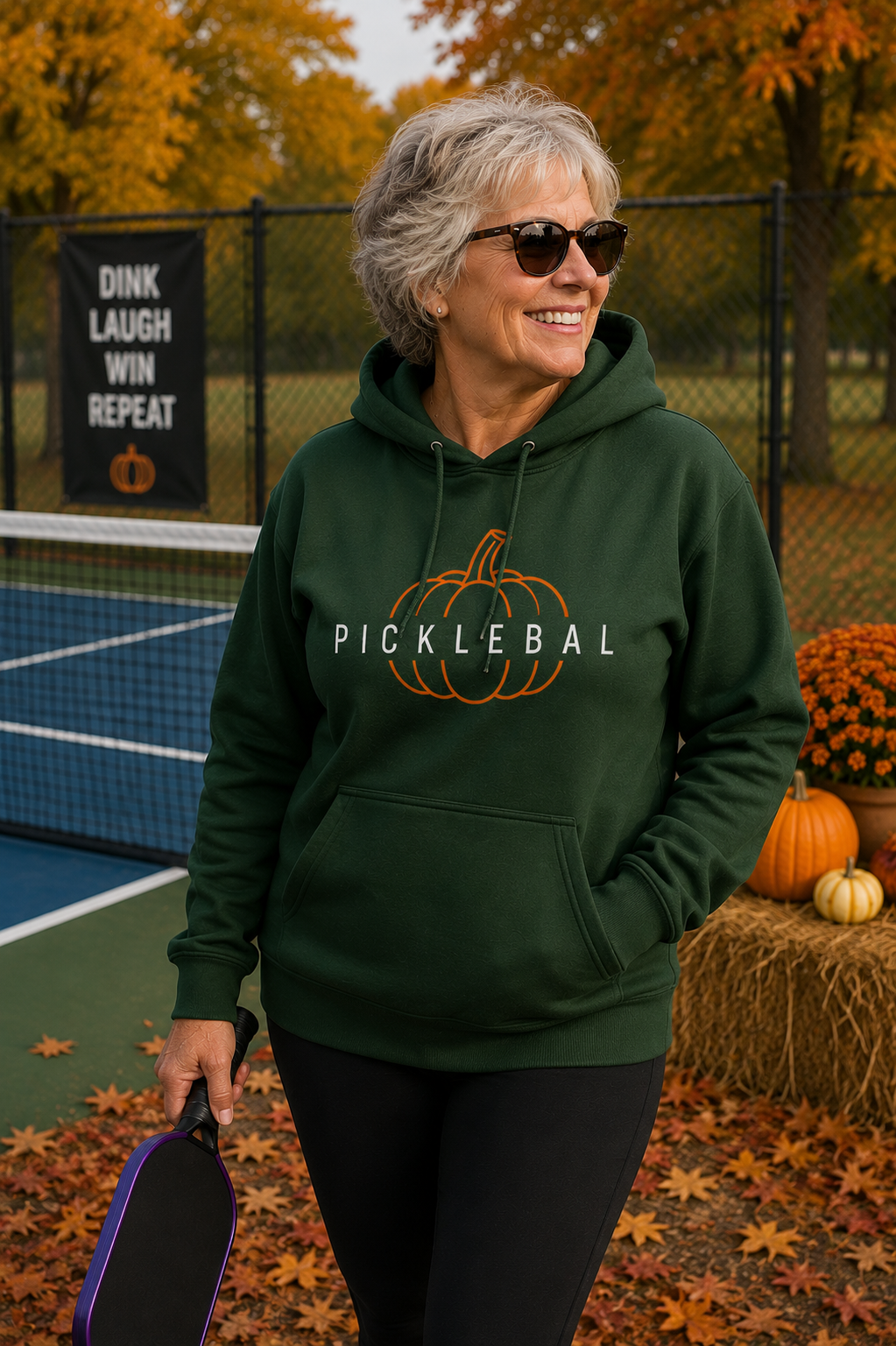 "Woman smiling near an outdoor pickleball court wearing a forest green 'Pickleball' pumpkin graphic pullover hoodie, holding a paddle with fall pumpkins, hay bales, and autumn foliage in the background"