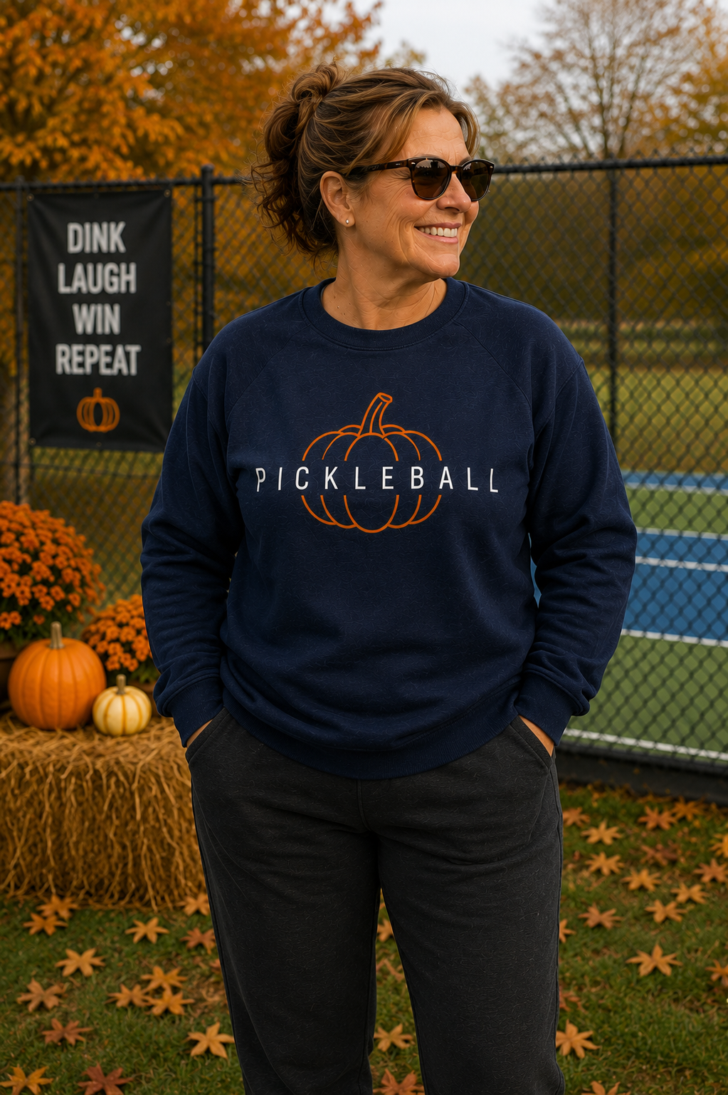 "Woman smiling near an outdoor pickleball court wearing a navy 'Pickleball' pumpkin graphic crewneck sweatshirt, surrounded by fall decorations including pumpkins, hay bales, and autumn foliage"