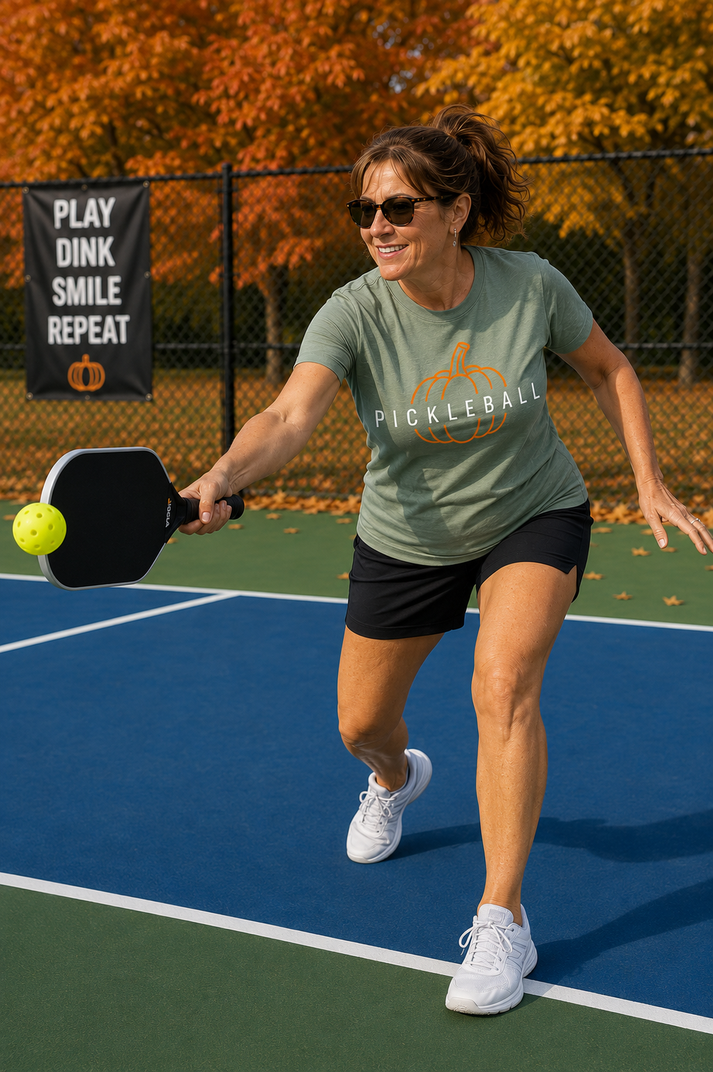 "Woman actively playing pickleball on an outdoor court wearing a sage green 'Pickleball' pumpkin graphic t-shirt, mid-swing with a paddle and yellow ball, fall foliage in background"