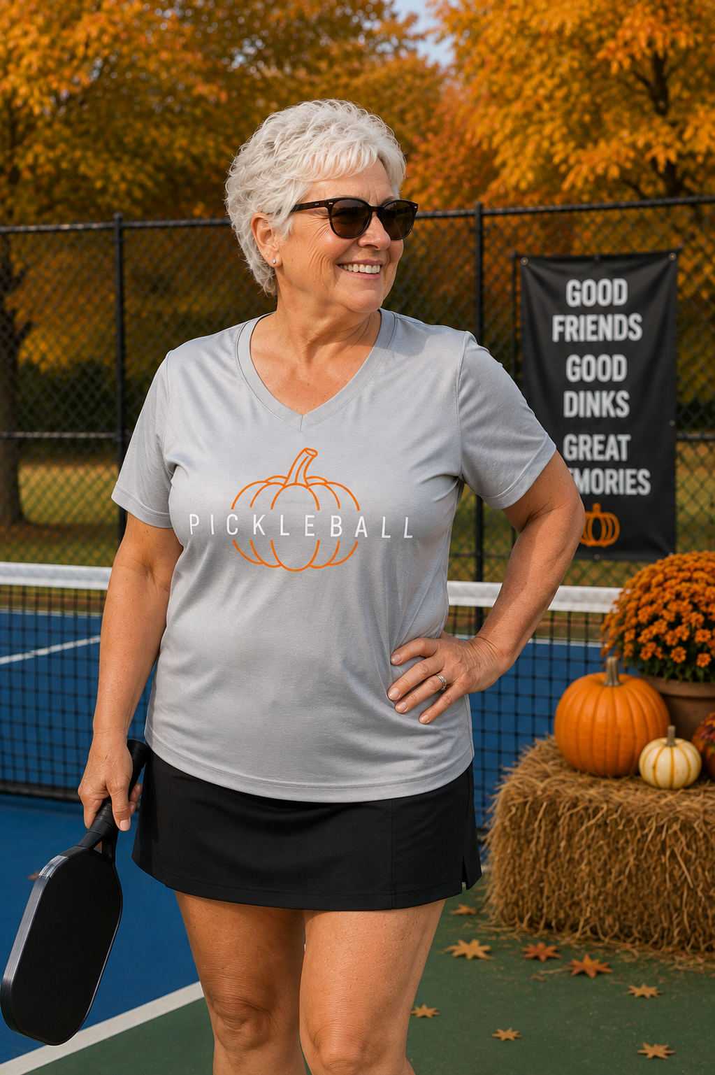"Woman smiling on an outdoor pickleball court wearing a gray v-neck 'Pickleball' pumpkin graphic moisture-wicking shirt, holding a paddle with fall decorations and foliage in the background"