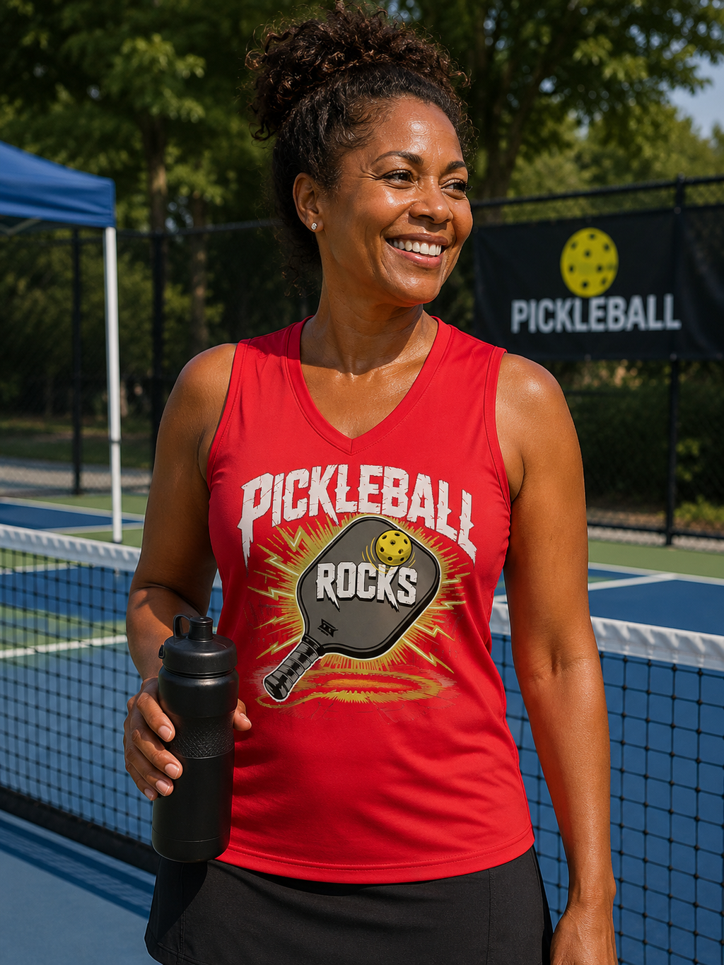 Woman wearing red Pickleball Rocks sleeveless shirt at an outdoor pickleball court, holding a water bottle and smiling