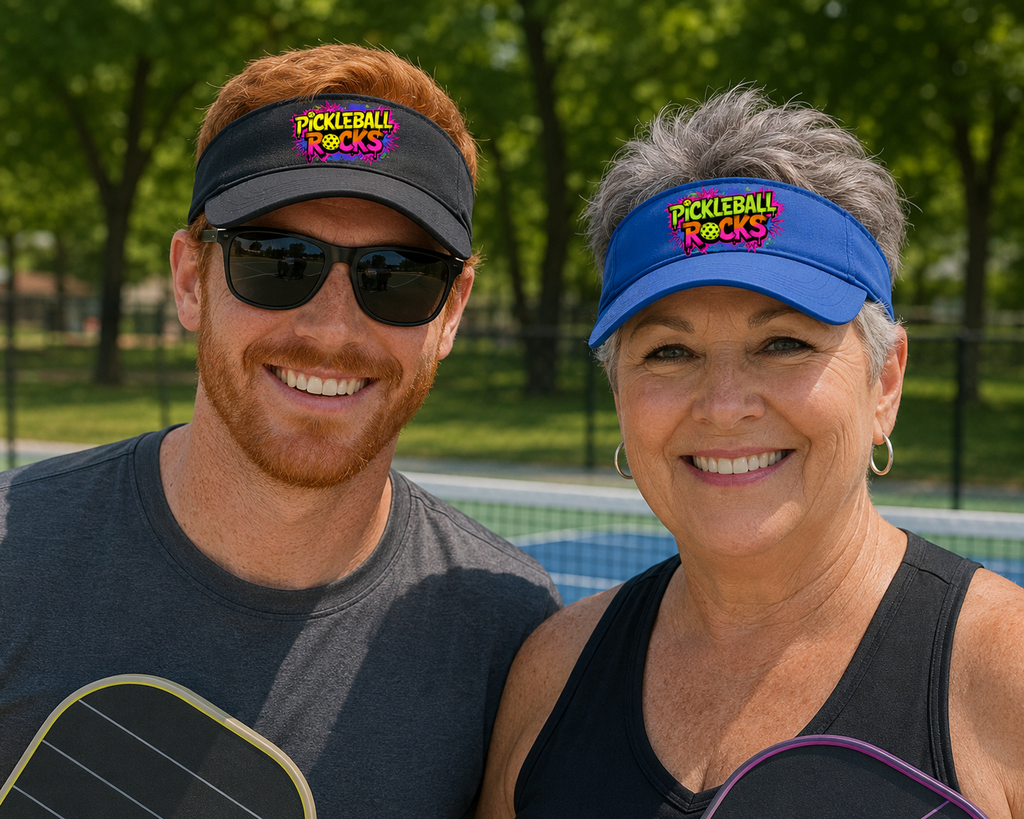 Two smiling adults standing outdoors on a pickleball court wearing matching visors with the text 'PICKLEBALL ROCKS' in pink and yellow. One visor is black and the other is blue, with trees and a court visible in the background.