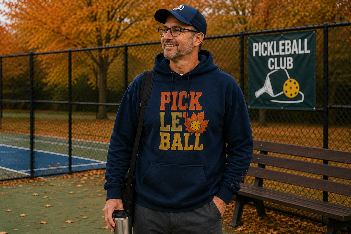 "Man smiling and wearing a navy 'Pickleball' fall graphic hoodie, blue cap, and glasses while carrying a bag and tumbler courtside with a Pickleball Club banner and golden autumn foliage in the background"