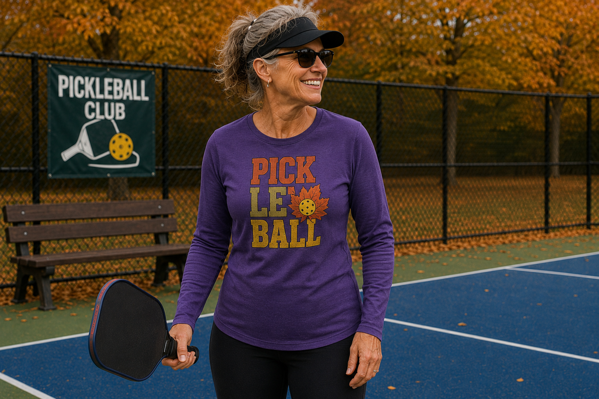 "Woman smiling and wearing a purple 'Pickleball' fall graphic long sleeve tee, black visor, and sunglasses while holding a paddle on an outdoor pickleball court with a Pickleball Club banner and golden autumn foliage in the background"