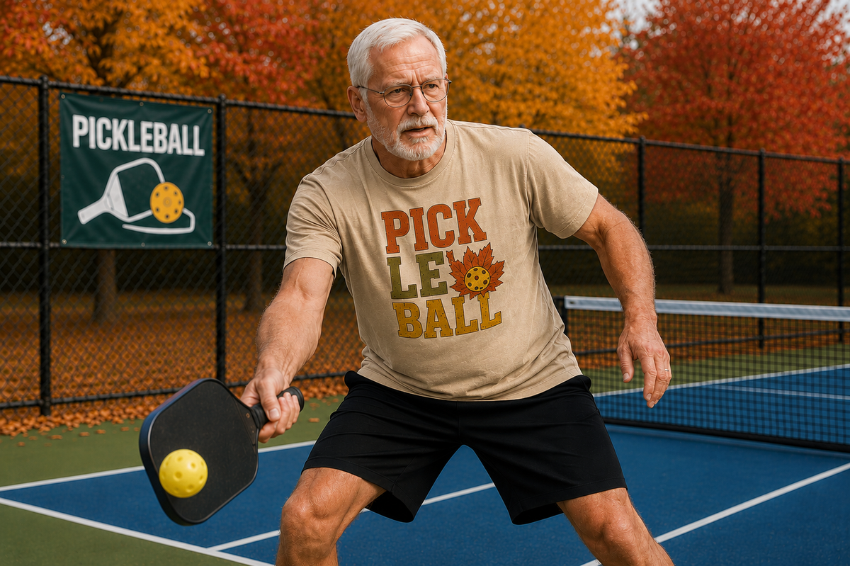 "Older man intensely focused while lunging to return a shot wearing a tan 'Pickleball' fall graphic tee and glasses on an outdoor pickleball court with a pickleball banner and vivid autumn foliage in the background"