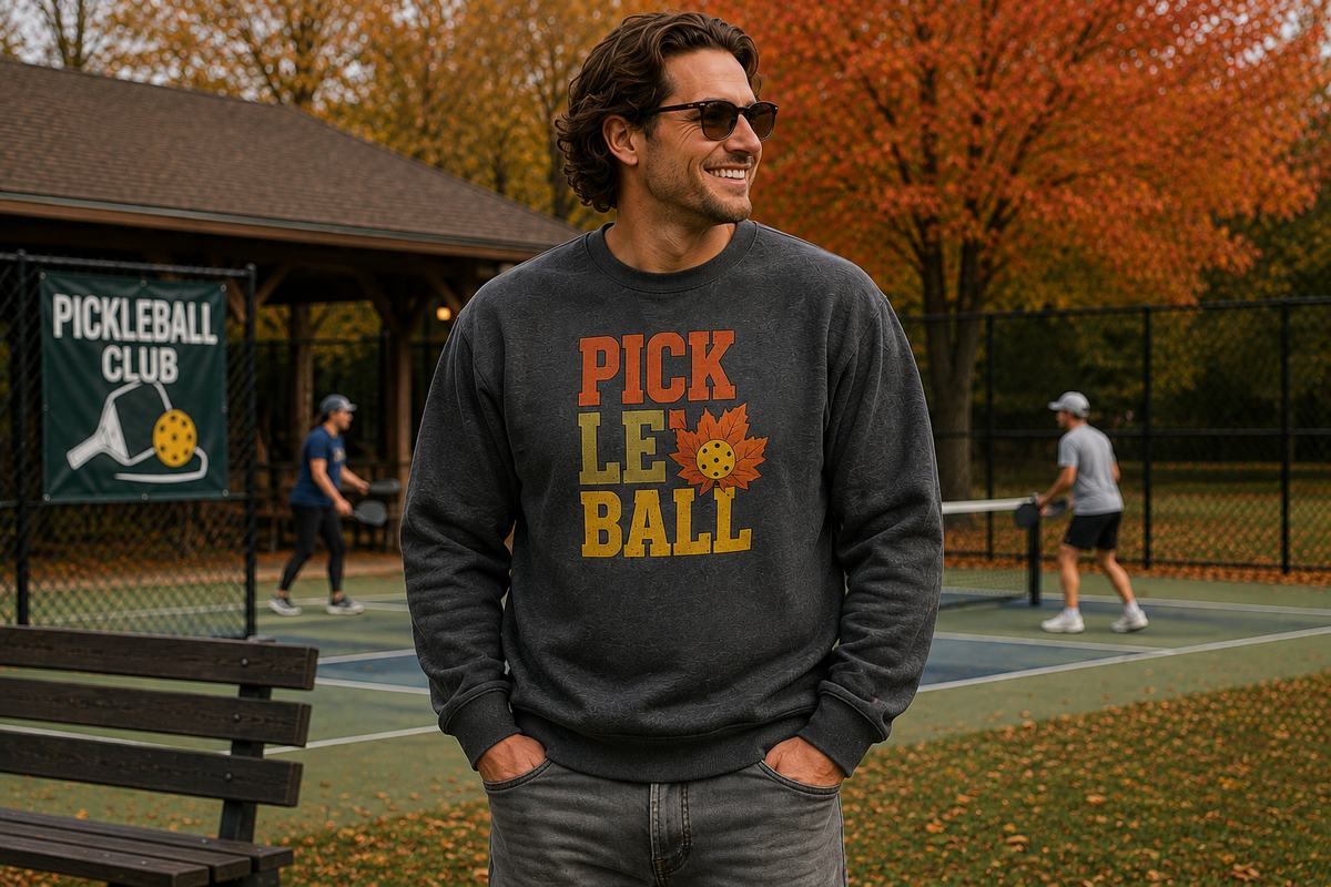 "Man smiling and wearing a charcoal 'Pickleball' fall graphic crewneck sweatshirt and sunglasses while standing courtside with players rallying in the background, a Pickleball Club banner, and vibrant autumn foliage"