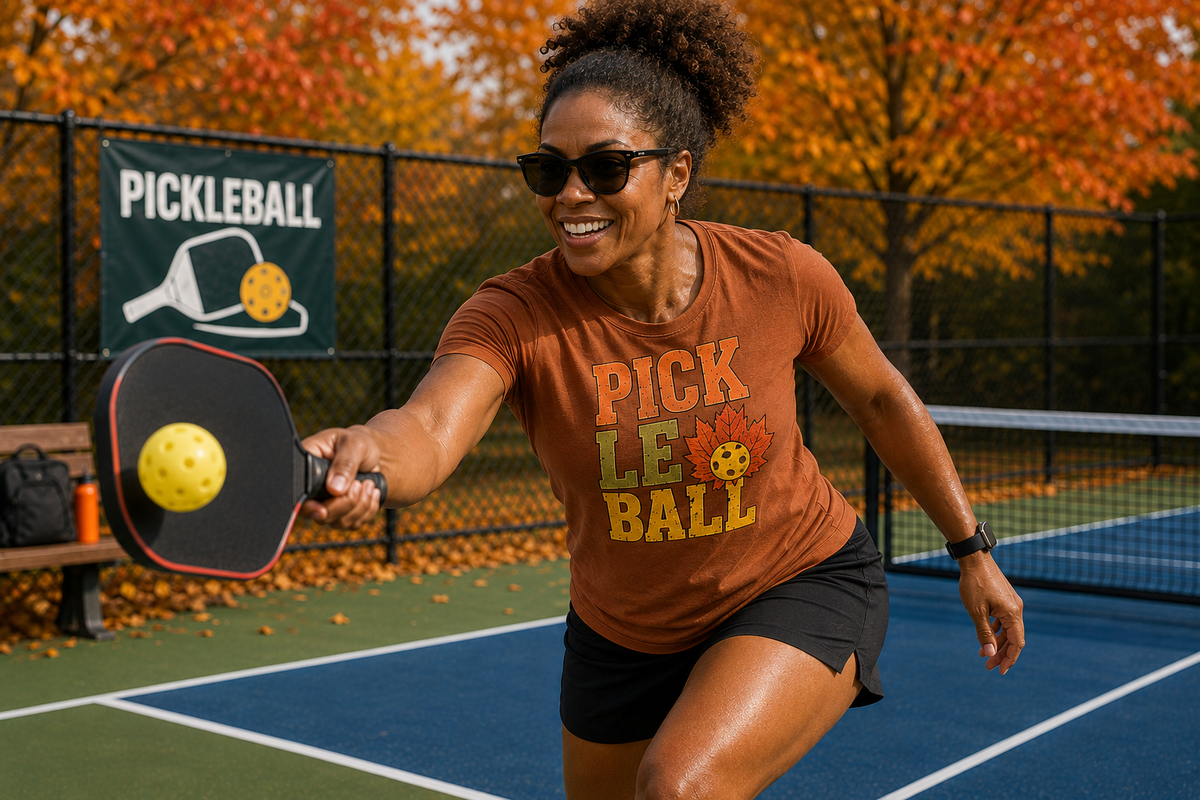 "Woman smiling and wearing a rust 'Pickleball' fall graphic tee and sunglasses while lunging to return a shot on an outdoor pickleball court with a pickleball banner and vibrant autumn foliage in the background"