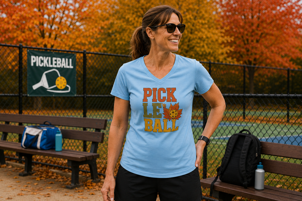 "Woman smiling and wearing a light blue 'Pickleball' fall graphic v-neck moisture-wicking tee and sunglasses while standing courtside with bags and a water bottle on benches, a pickleball banner, and vivid autumn foliage in the background"