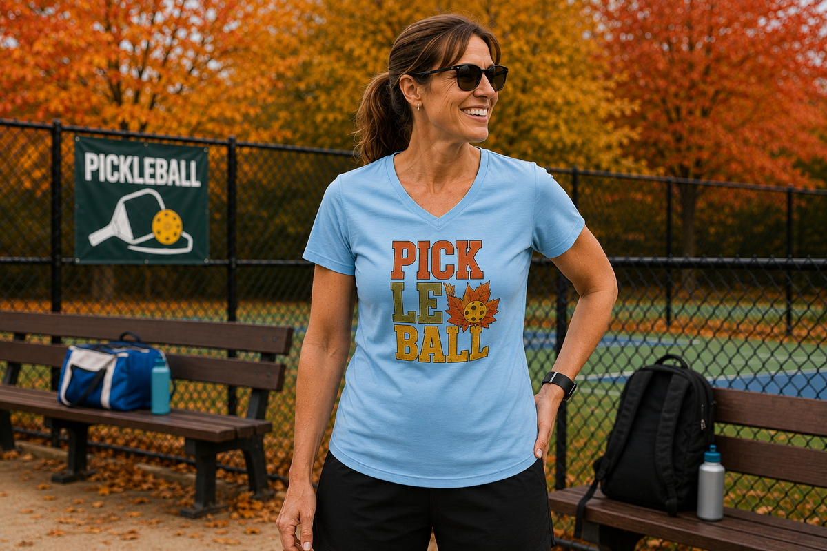 "Woman smiling and wearing a light blue 'Pickleball' fall graphic v-neck moisture-wicking tee and sunglasses while standing courtside with bags and a water bottle on benches, a pickleball banner, and vivid autumn foliage in the background"