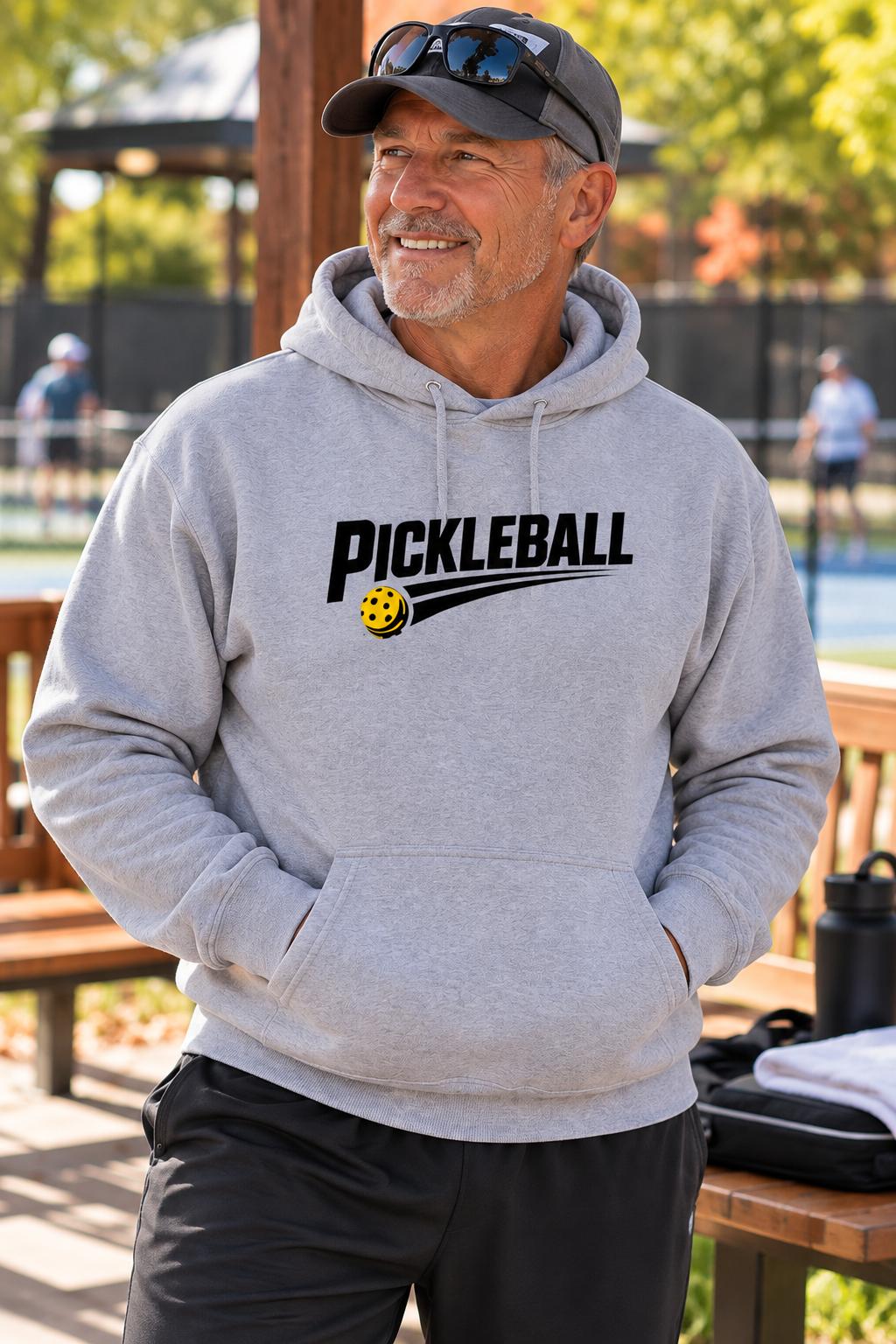 Man wearing a light gray hoodie with black “PICKLEBALL” lettering and a yellow pickleball speed-streak graphic, standing beside outdoor courts.