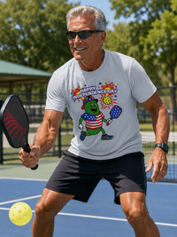 Load image into Gallery viewer, "Man playing pickleball outdoors wearing a white Happy Independence Day patriotic pickle character graphic t-shirt, swinging a paddle on a blue court"
