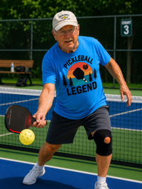 Load image into Gallery viewer, "Person wearing Vintage Outdoor Pickleball Legend graphic tee with retro sunset, pine trees, and paddle design"