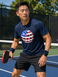 Load image into Gallery viewer, "Man in athletic stance on a pickleball court wearing a navy blue t-shirt with a red, white, and blue patriotic pickleball graphic, holding a red paddle"