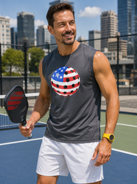 Load image into Gallery viewer, "Man smiling on an outdoor urban pickleball court wearing a gray sleeveless muscle tank with a red, white, and blue patriotic pickleball graphic, holding a paddle"