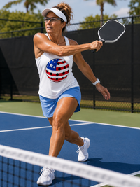 Load image into Gallery viewer, "Woman mid-swing on a pickleball court wearing a white tank top with a red, white, and blue patriotic pickleball graphic, paired with a light blue skort and white visor"