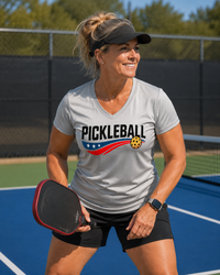 Load image into Gallery viewer, "Woman wearing Ladies Pickleball USA Streak performance t-shirt with bold patriotic graphic"