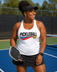 Load image into Gallery viewer, "Woman wearing Ladies Pickleball USA Streak racerback tank top with bold patriotic graphic"