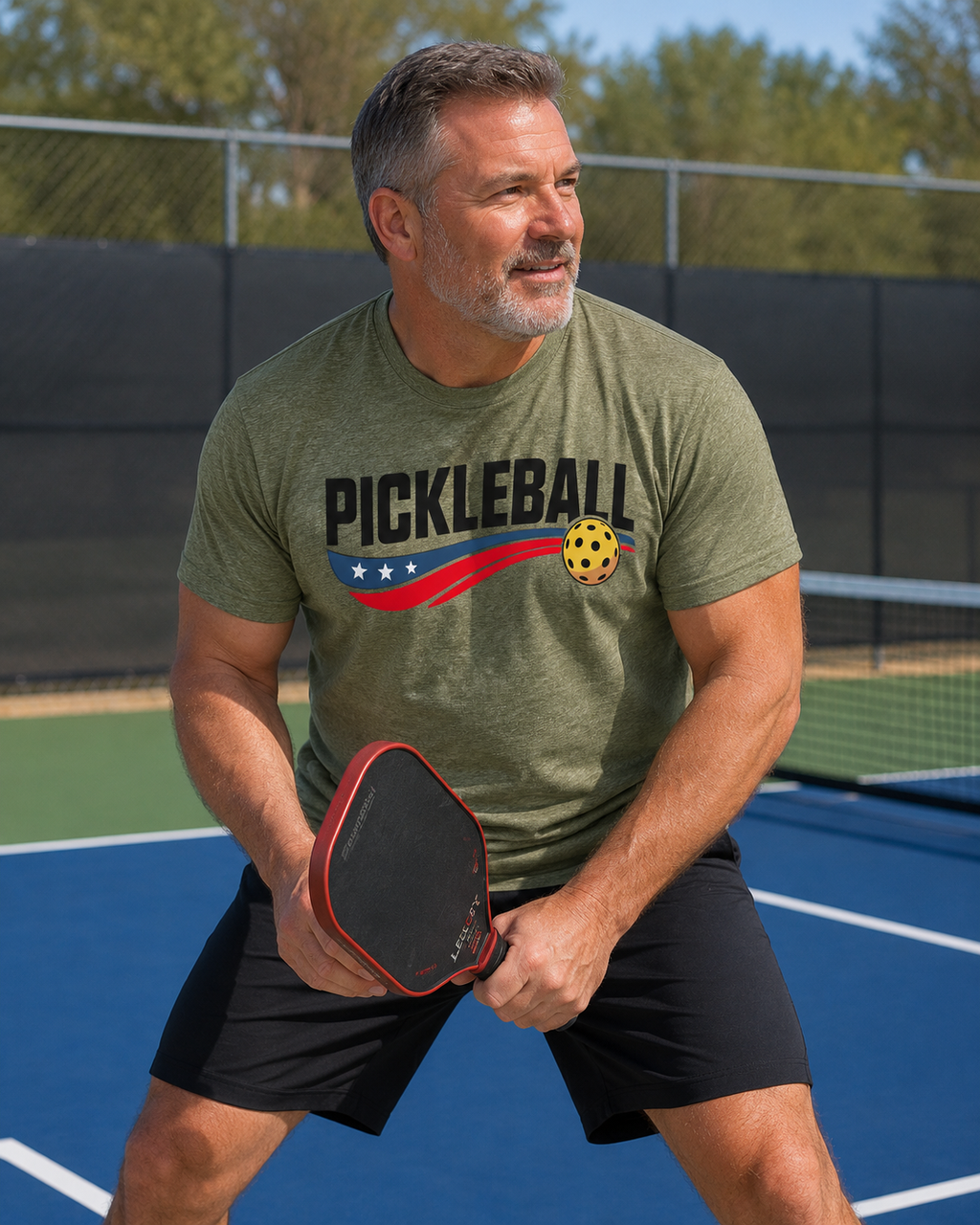 "Person wearing Pickleball USA Streak graphic t-shirt"