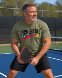 Load image into Gallery viewer, "Person wearing Pickleball USA Streak graphic t-shirt"