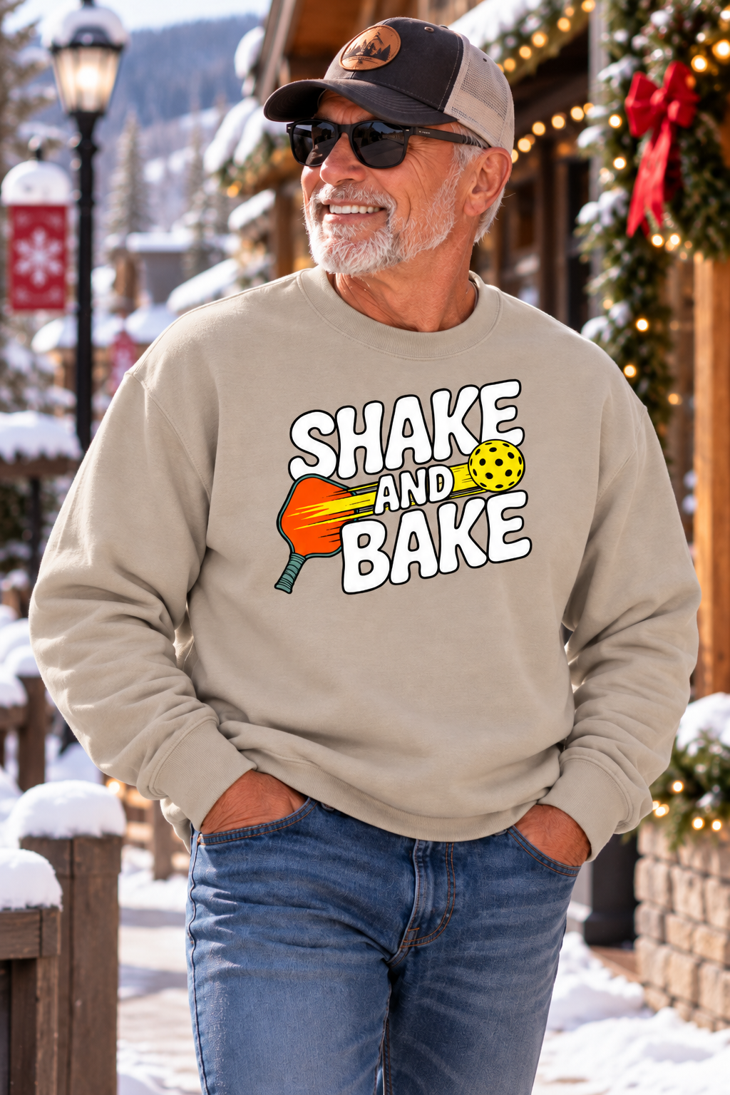Man wearing a sand colored “Shake and Bake” pickleball sweatshirt with a colorful paddle and ball graphic on a snowy, holiday-decorated street.