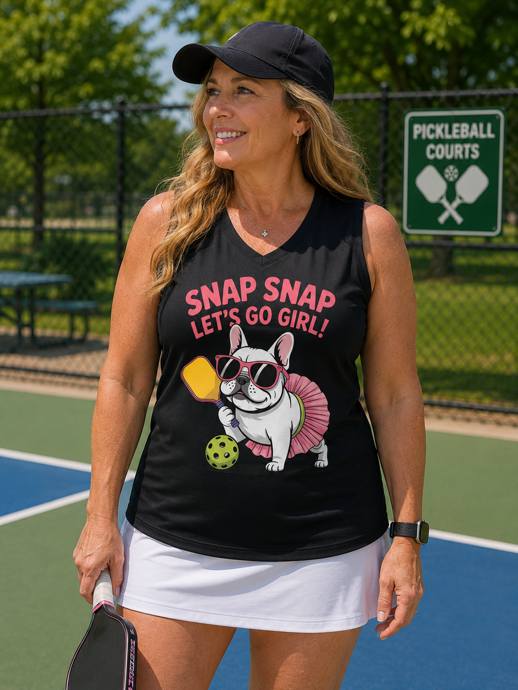 Woman wearing black Snap Snap Let's Go Girl sleeveless pickleball shirt at outdoor pickleball courts, holding a paddle and smiling