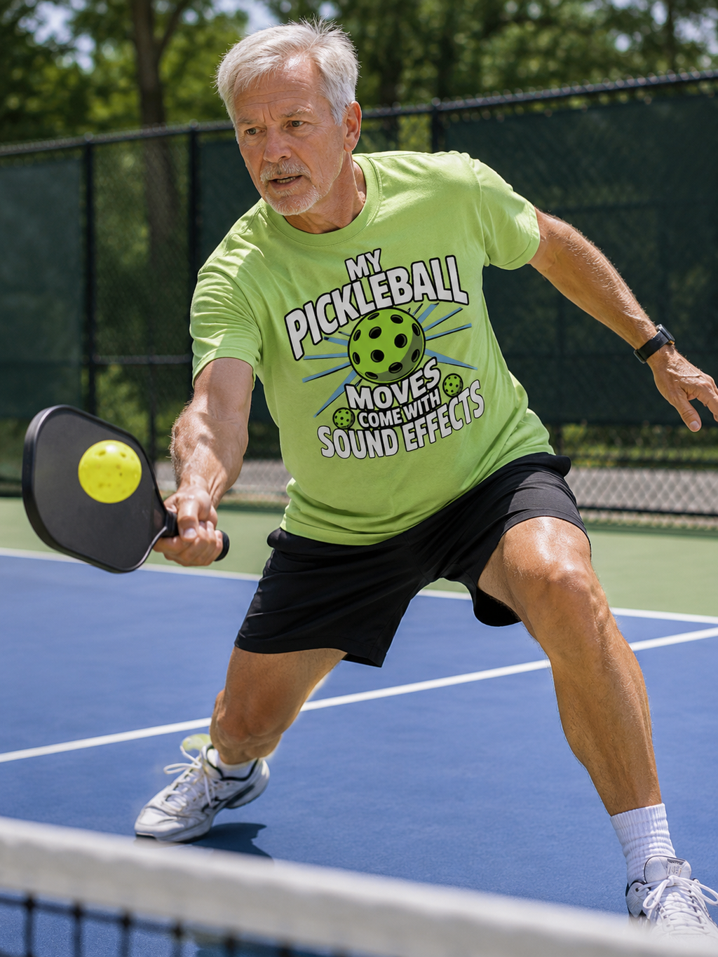 "Pickleball player wearing a funny graphic tee that reads "My Pickleball Moves Come With Sound Effects" — lifestyle mockup"