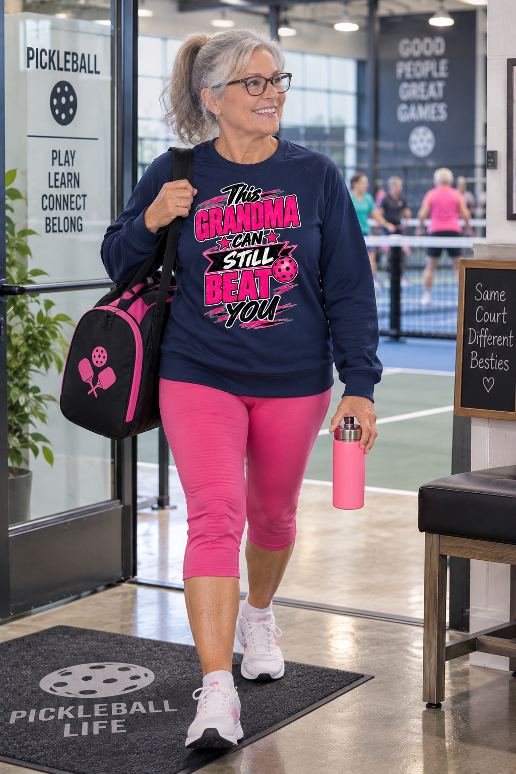 A woman walking through a pickleball shop doorway wearing a navy graphic sweatshirt that reads 'The Grandma Can Still Beat You' in pink and white, paired with bright pink leggings and carrying a pink and black pickleball bag.