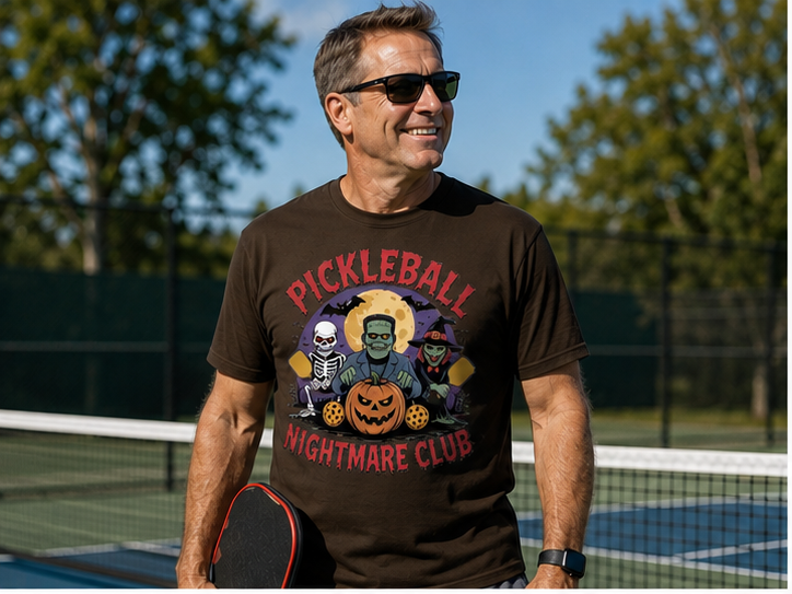 A man wearing a dark brown graphic t-shirt with a Halloween-themed pickleball design stands on an outdoor tennis court. The shirt features the text 'PICKLEBALL NIGHTMARE CLUB' in red, surrounding a graphic of Frankenstein's monster, a skeleton, a witch, and a jack-o'-lantern.