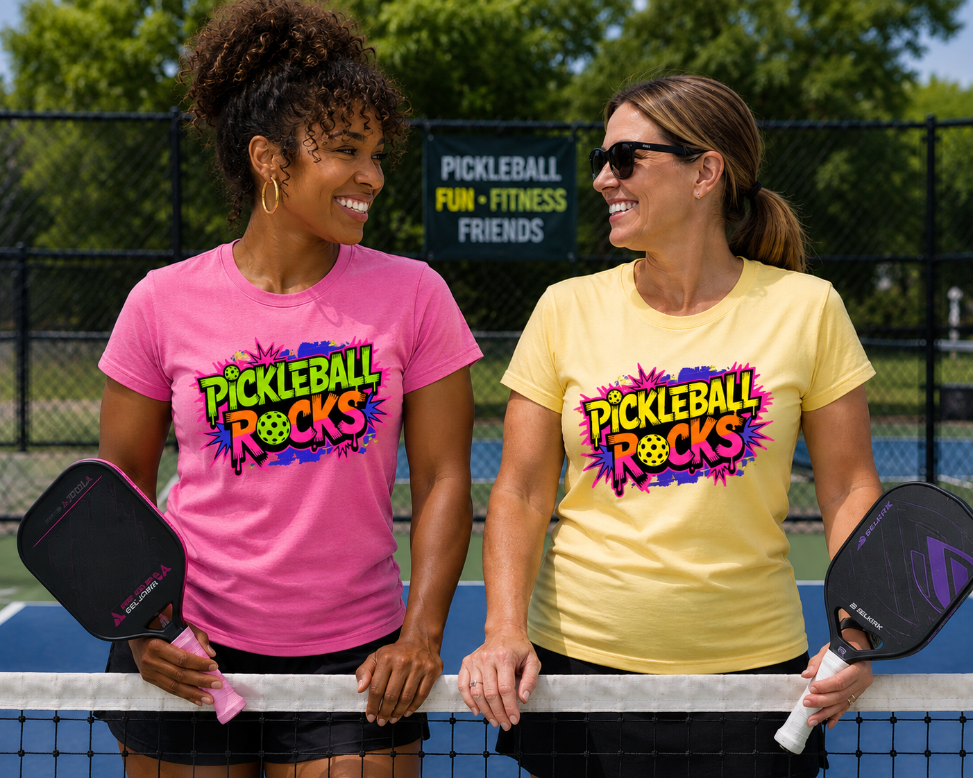 Two women standing on a pickleball court wearing matching graphic t-shirts with 'PICKLEBALL ROCKS' printed on the front. The woman on the left wears a pink shirt and holds a pink pickleball paddle, while the woman on the right wears a yellow shirt and holds a black pickleball paddle.