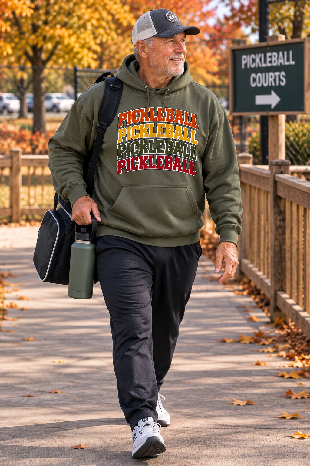 "Man walking toward pickleball courts carrying a bag and water bottle wearing a military green Men's Vintage Varsity Stacked Pickleball hoodie with fall foliage in the background"