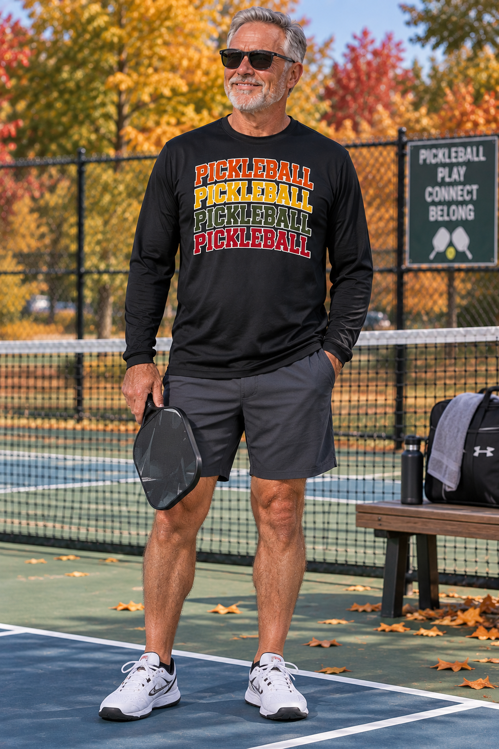"Man standing at a pickleball net holding a paddle wearing a black Men's Vintage Varsity Stacked Pickleball long sleeve graphic tee with fall foliage in the background"