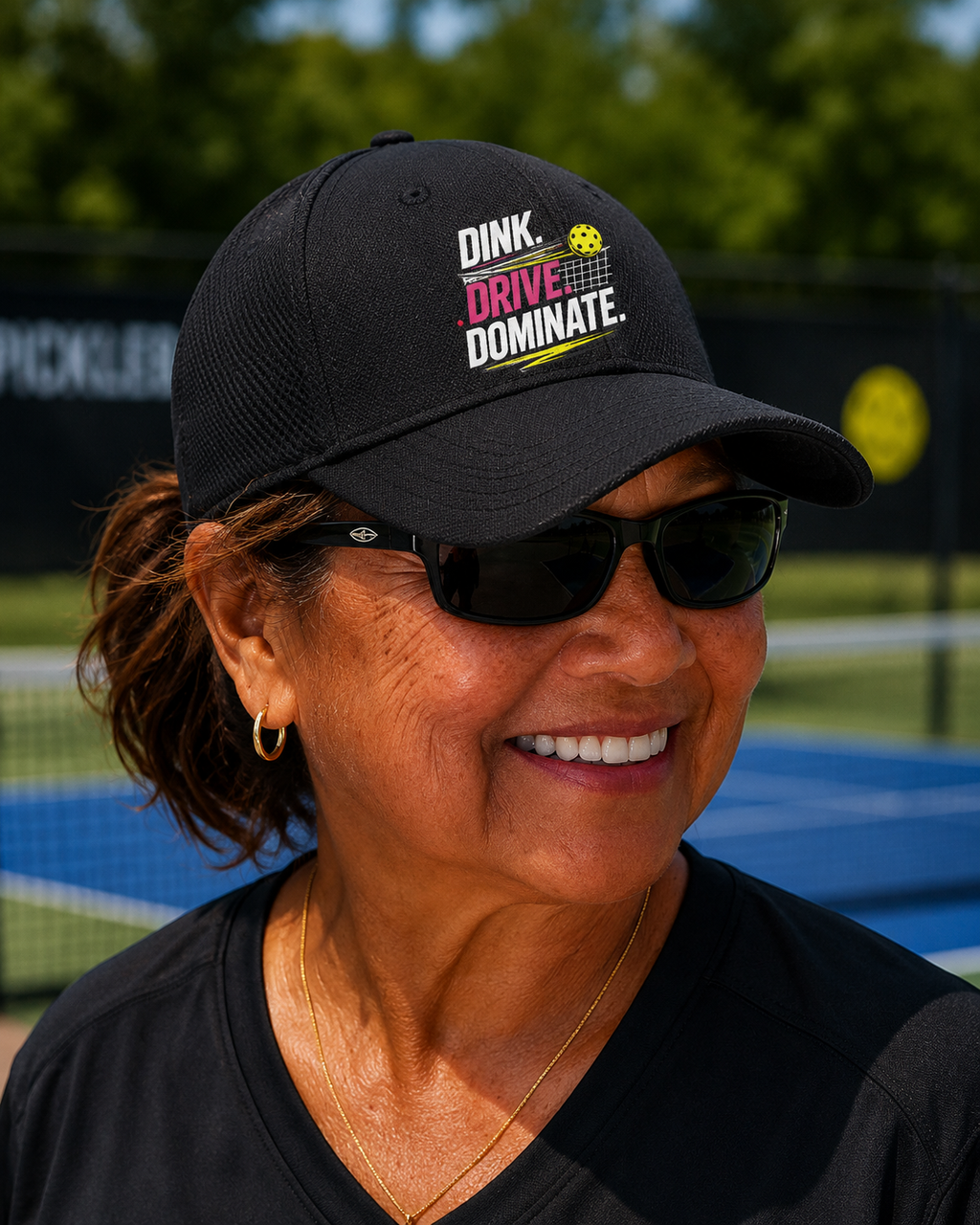 "Woman wearing black Dink Drive Dominate pickleball athletic performance cap on a pickleball court, smiling"