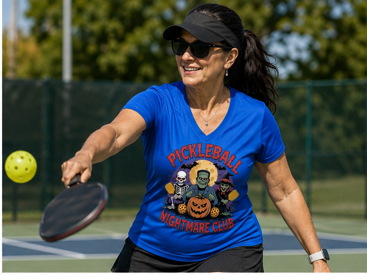 A woman playing pickleball on an outdoor court, wearing a bright blue graphic t-shirt that reads 'Pickleball Nightmare Club' with a Halloween-themed print, a black visor, and sunglasses.
