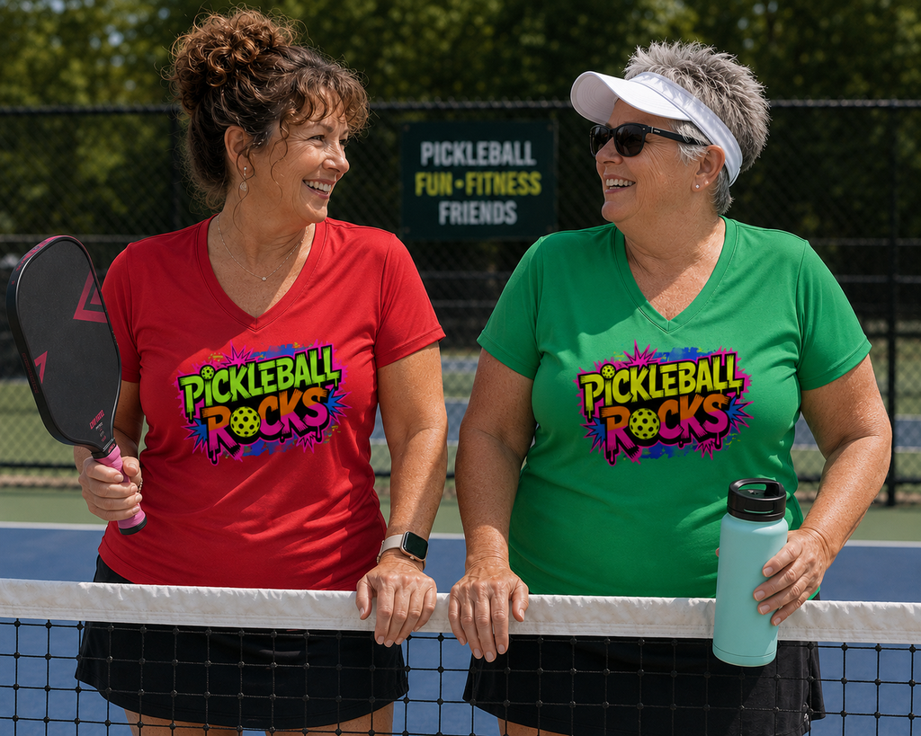 Two women standing on a pickleball court wearing matching graphic t-shirts with the text 'Pickleball Rocks' in colorful lettering. One woman wears a red shirt and holds a pickleball paddle, while the other wears a green shirt and holds a water bottle.