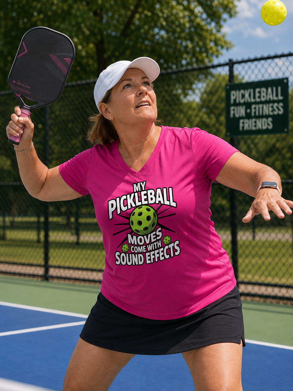 "Woman wearing a funny bright magenta moisture-wicking v-neck pickleball graphic tee that reads "My Pickleball Moves Come With Sound Effects" — lifestyle mockup"