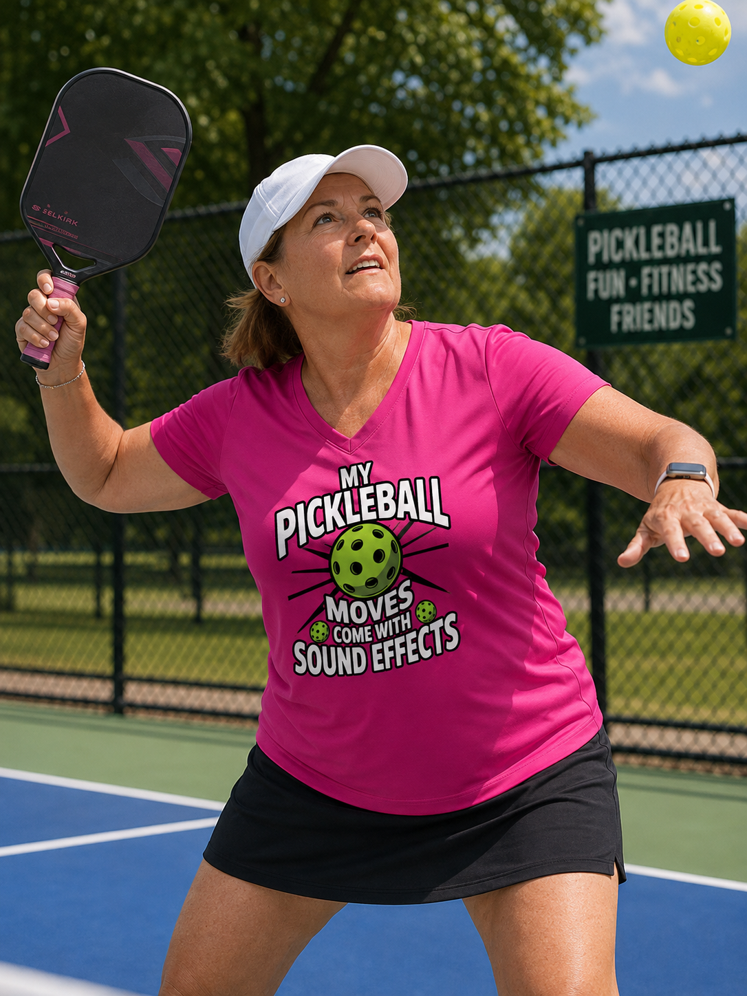 "Woman wearing a funny bright magenta moisture-wicking v-neck pickleball graphic tee that reads "My Pickleball Moves Come With Sound Effects" — lifestyle mockup"