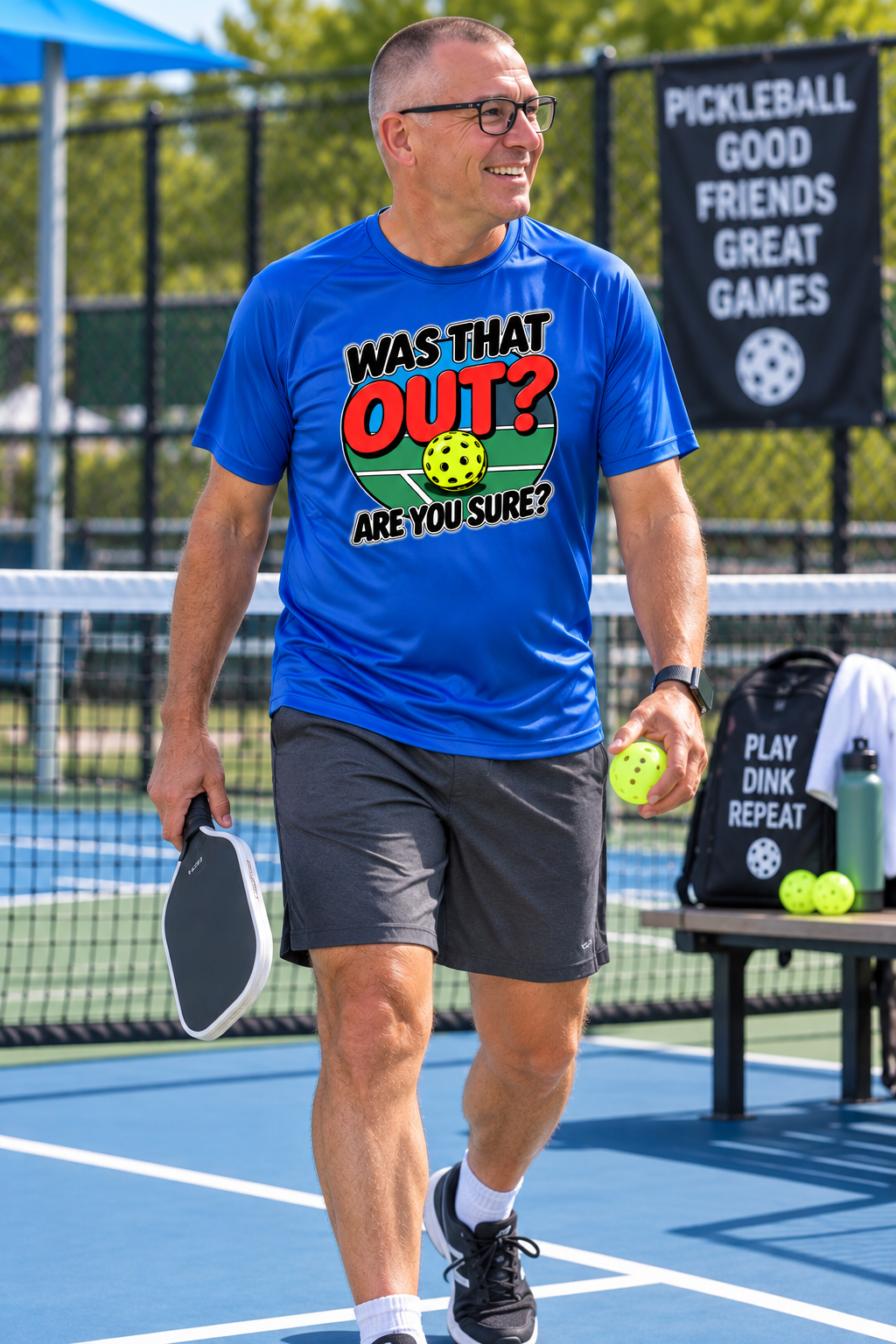 Man wearing a blue “Was That Out? Are You Sure?” pickleball T-shirt with a red, green, and yellow court graphic, holding a paddle and ball on an outdoor pickleball court.