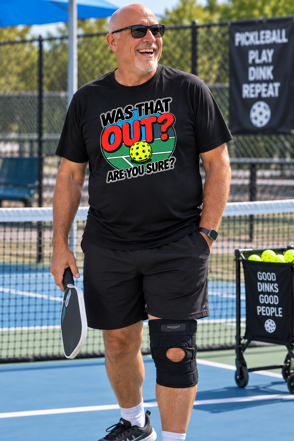 Man wearing a black “Was That Out? Are You Sure?” pickleball T-shirt with a red, green, and yellow court graphic, holding a paddle on an outdoor pickleball court.