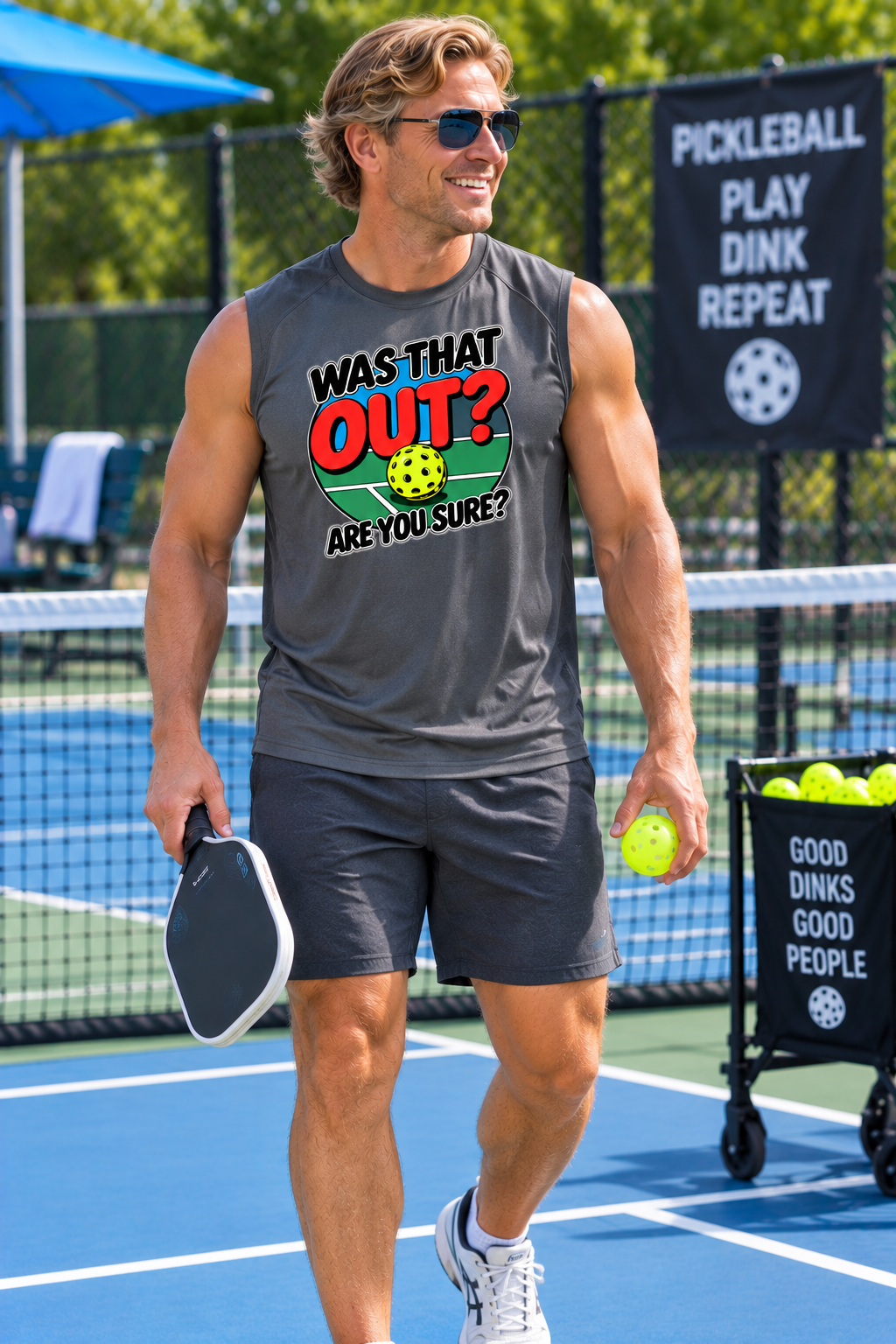 A man on a pickleball court wearing a dark gray graphic tank top that reads 'WAS THAT OUT? ARE-YOU SURE?' with a yellow pickleball, holding a paddle and a tennis ball, with a pickleball cart and net in the background.