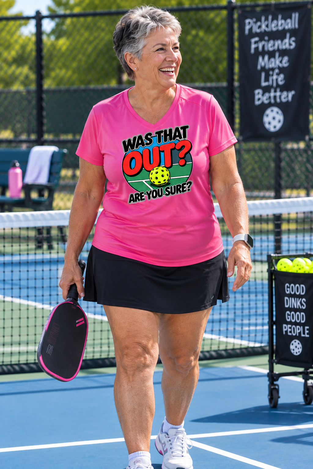 A smiling woman on a blue pickleball court wearing a bright pink graphic T-shirt that reads 'WAS THAT OUT? ARE YOU SURE?' with a pickleball illustration. She is also wearing a black skirt and holding a pickleball paddle.