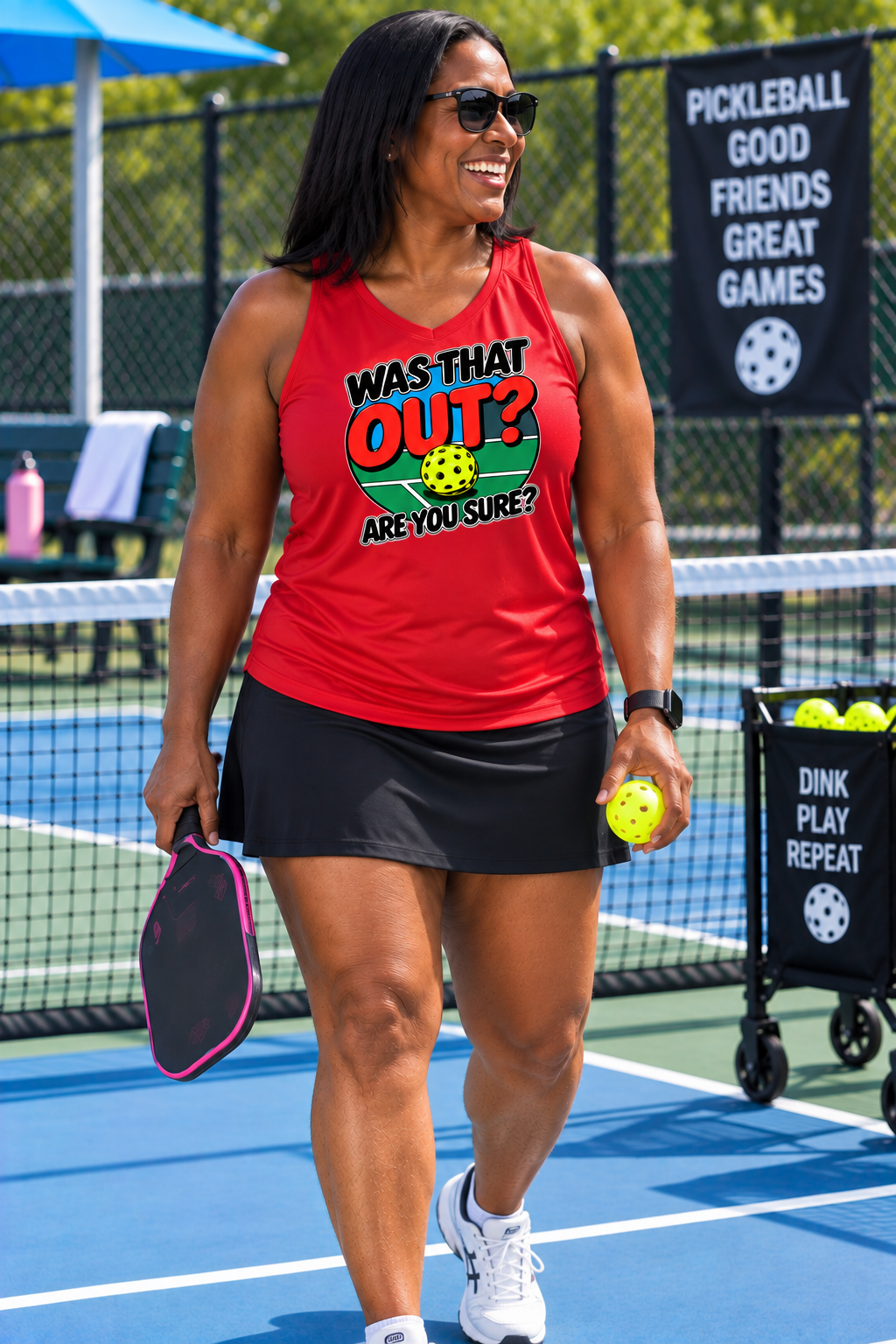 A woman walking on a pickleball court wearing a red tank top with a colorful graphic that reads 'WAS THAT OUT? ARE YOU SURE?' and a black skirt. She is holding a paddle and a tennis ball, with a pickleball court, net, and sign in the background.