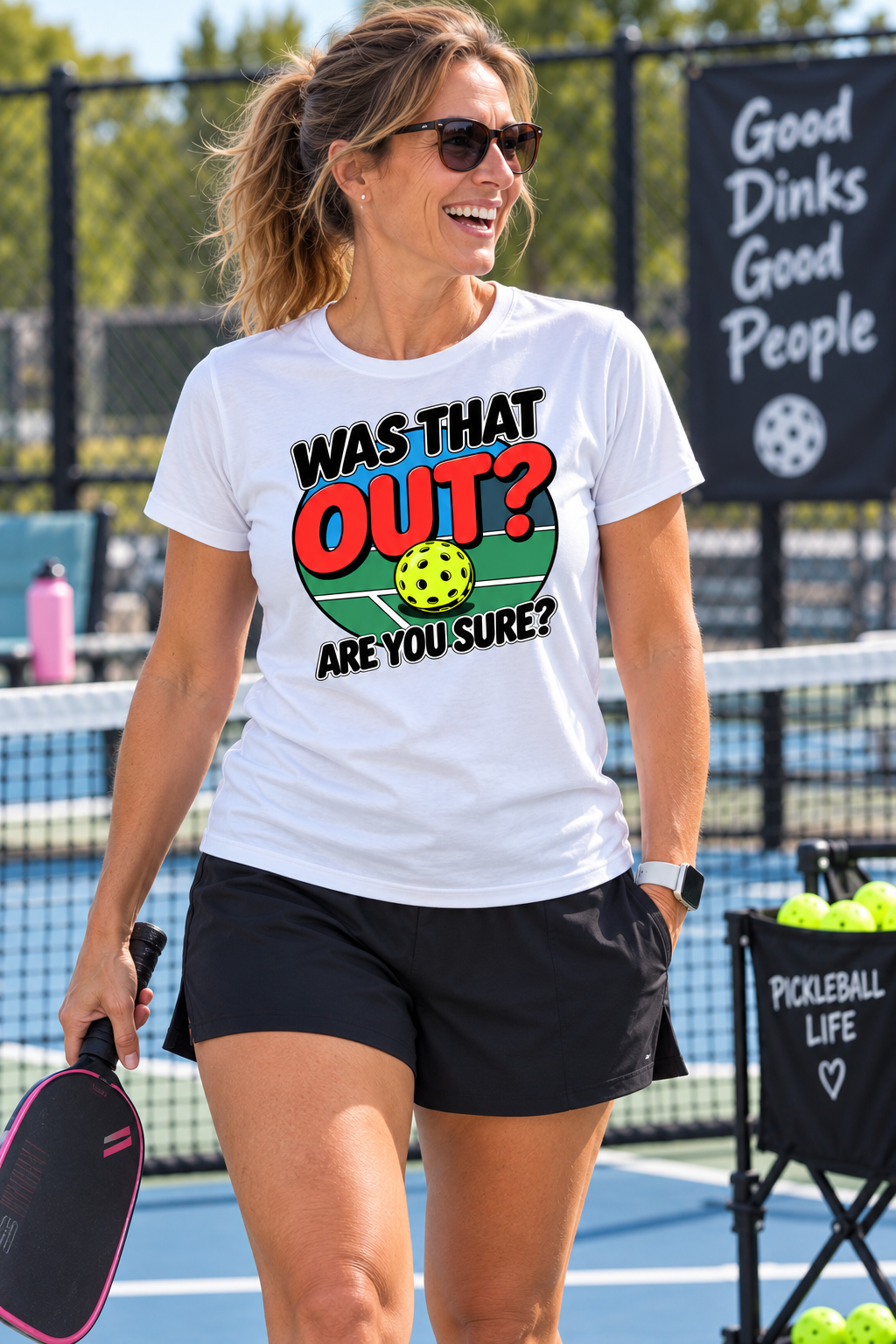 Woman wearing a white “Was That Out? Are You Sure?” pickleball T-shirt with a red, green, and yellow court graphic, holding a paddle on an outdoor pickleball court.
