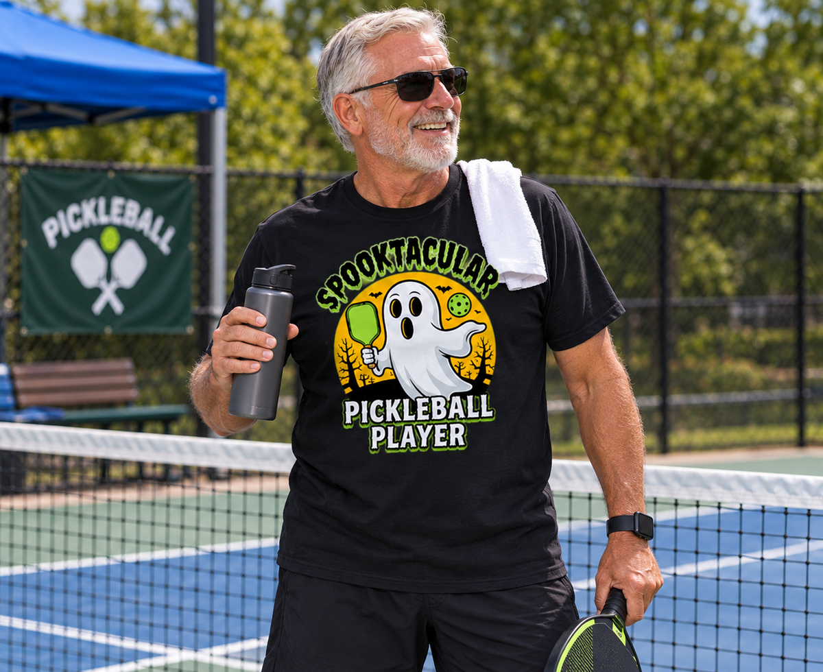 Older man wearing a black “Spooktacular Pickleball Player” Halloween T-shirt while holding a paddle and water bottle on a pickleball court.
