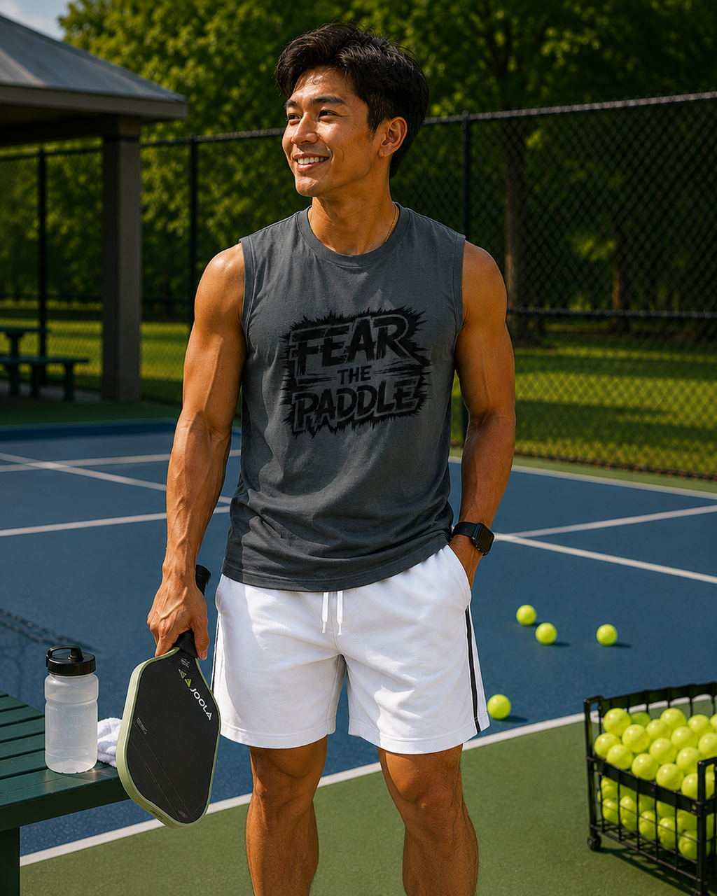 "Man wearing the Fear the Paddle Pickleball Performance Muscle Tank, displaying the bold graphic design, perfect for competitive pickleball players"