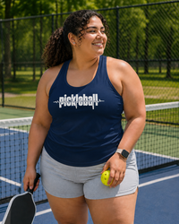 Load image into Gallery viewer, "Woman wearing the Ladies Heartbeat Pickleball Racerback Tank – sporty performance tank top with pickleball heartbeat graphic design"