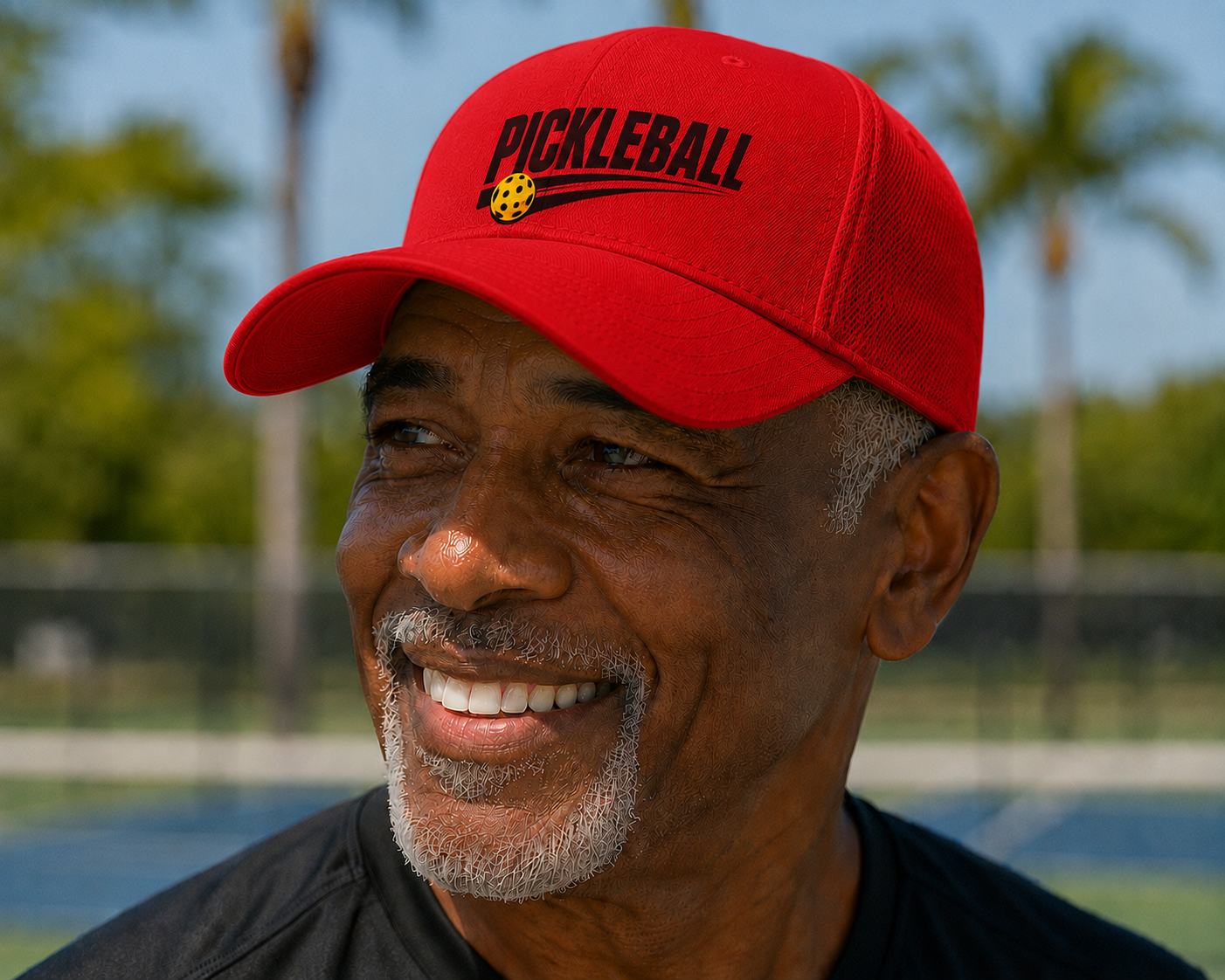 "Smiling man wearing a red Pickleball Speed Streak performance cap on an outdoor pickleball court"