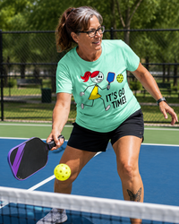 Load image into Gallery viewer, "It's Go Time Pickleball Stick Girl T-Shirt with stickwoman graphic on white tee"
